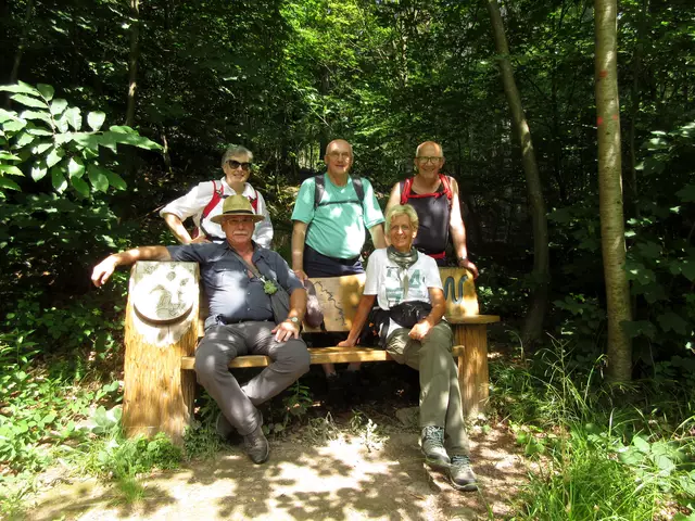 Fast am Ziel der umgekehrten Etappe 1, die Neckarsteig-Bank, die man auf jeder Etappe findet. Hier mit dem Wappen von Heidelberg. | Foto: WandernGabyErich