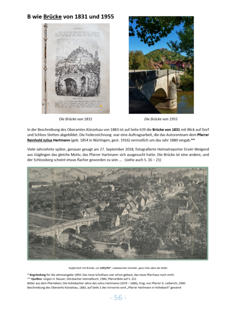 Diese Seite zeigt 2 verschiedene Brücken, nämlich die von 1831, oben links und unten, sowie die von 1955. Die allererste Brücke wurde 1776 gebaut und durch eine Naturkatastrophe schon wenige Jahre später zerstört. | Foto: eigene Aufnahme