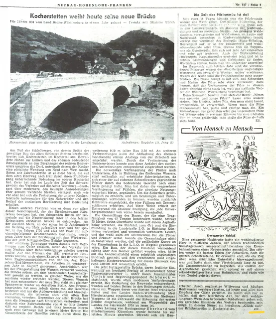 Detailliert, umfassend und sehr interessant schrieb Ekkehard Würstle den Zeitungsartikel zu Brückenneubau und Einweihung. 

Fundort: Zeitungsarchiv des Kreisarchives des Hohenlohekreises, Außenlager im Landratsamt Künzelsau

Freigabe: Dagmar Weigel, Archiv der Heilbronner Stimme 
 | Foto: Eigene Aufnahme von HZ vom 8.7.1955, Nr. 157, S. 5