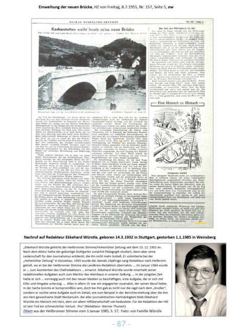 Danke an Wendelin Schmidt, Redakteur der HZ im Ruhestand, der sich an den Mann mit dem Kurzzeichen "ew", seinen Namen Ekkehard Würstle und seine Künzelsauer Zeit erinnerte! | Foto: eigene Aufnahme von S. 87, Freigabe der Texte: Dagmar Weigel, Archiv der Heilbronner Stimme