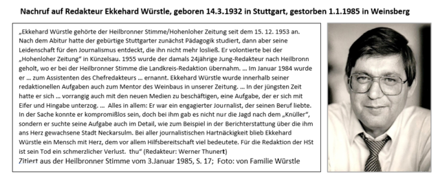 Leider ist der leidenschaftliche und versierte Redakteur am 1. Januar 1985 viel zu früh verstorben. Der am 3. Januar 1985 in der Heilbronner Stimme erschienene Nachruf geht nicht nur auf seinen sehr erfolgreichen Berufsweg ein, sondern zeichnet auch das Bild eines hilfsbereiten, aufgeschlossenen Journalisten, der das Herz am rechten Fleck hatte.
Ekkehard Würstle, sein Kurzzeichen war "ew", hatte sein Abitur im Künzelsauer "Semi" abgelegt und schon als Gymnasiast für die Hohenloher Zeitung geschrieben. Ganz sicher wäre ein guter Pädagoge aus dem vielseitig interessierten jungen Mann geworden, doch im Journalismus hat er seine Berufung und Erfüllung gefunden. 

Freigabe des Nachrufes: Dagmar Weigel, Heilbronner Stimme
Freigabe des Fotos: Familie H. Würstle

 | Foto: eigene Aufnahme aus meinem Buch, S. 87