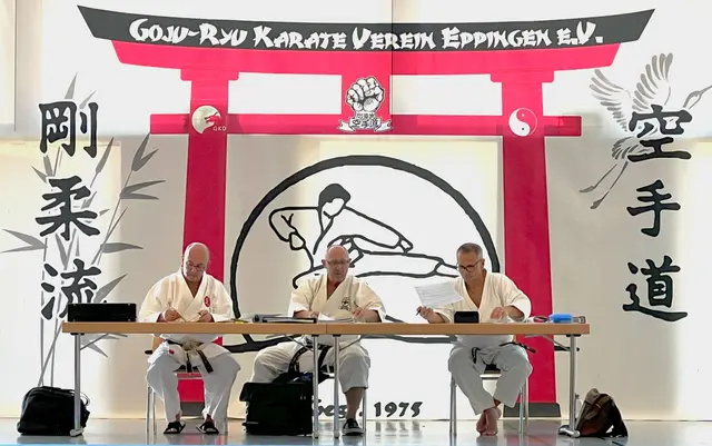 Die Prüfungskommission bei der DAN-Prüfung am 28.06.2025 in Eppingen: (von links) Christian Schollenberger (7. DAN), Klaus Fingerle (8. DAN) und Klaus Hertnagel (6.DAN) | Foto: Karateverein Eppingen