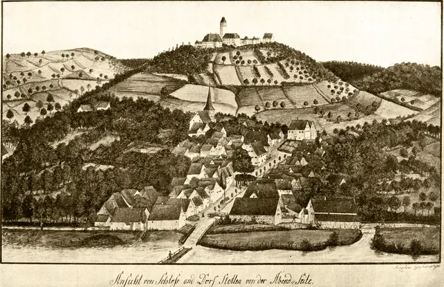 Auf dieser Federzeichnung des Künzelsauer Künstlers Georg Friedrich Messer aus dem Jahr 1815 ist die "mittlere Linde" gut als Tanzlinde zu erkennen. Die untere Linde könnte auch auszumachen sein, allerdings sieht man sie nur, wenn man von ihrer Existenz weiß ... | Foto: Quelle: Stettensches Archiv