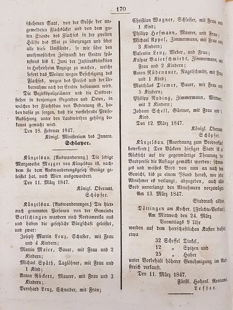KoJaBo  vom 16. März 1847, S. 170 mit Auswanderer-Listen. Der Begriff Datenschutz war damals noch nicht erfunden. | Foto: Eigene Aufnahme