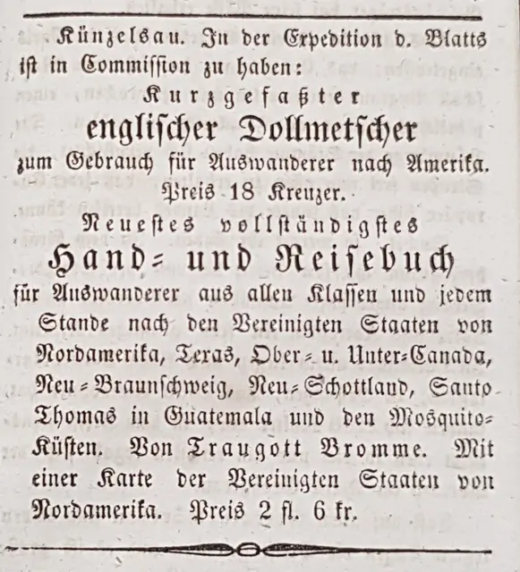 KoJaBo vom 18. Mai 1847. Druckerzeugnisse für Auswanderer: Englisches Wörterbuch und "Hand- und Reisebuch"  | Foto: Eigene Aufnahme