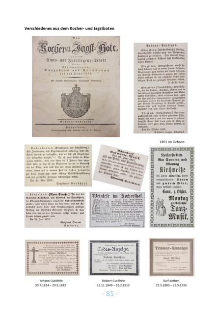 Screenshot von Seite 85, Titelseite vom 1. Januar 1833 (6. Jahrgang des Kocher- und Jagstboten), mit Anzeigen überwiegend des 19. Jahrhunderts.
Untere Reihe: Traueranzeigen von Vater und Sohn Gutöhrle und dem Kocherstettener Müller Karl Körber. Auffällig: Das Geburtsdatum wurde damals nicht angegeben. | Foto: eigene Aufnahme