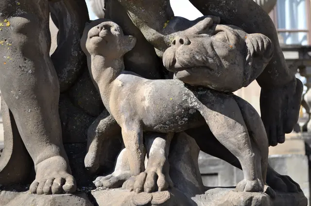 Katze und Hund vereint an einer Sklptur am Schloss | Foto: Daniela Somers