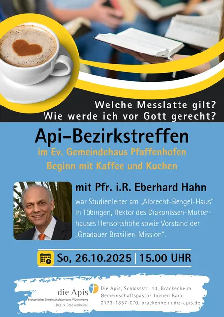 Pfr. i.R. Eberhard Hahn wird am Sonntag, 26. Oktober 2025 im Ev. Gemeindehaus Pfaffenhofen beim Bezirkstreffen der Apis zu Gast sein. | Foto: Die Apis Brackenheim, Jochen Baral