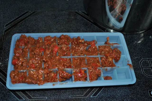 Dann die Mischung in Eiswürfelbehälter füllen. | Foto: Daniela Somers