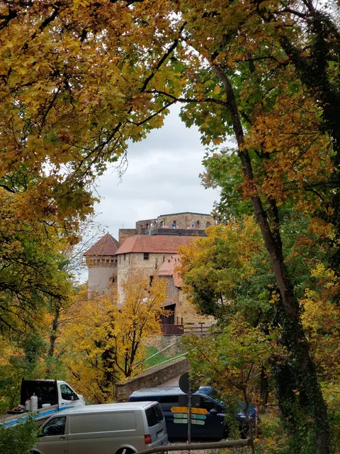 Blick auf die Burg beim Abstieg von der Kirche, eingerahmt von schönsten herbstlich geschmückten Laubbäumen. | Foto: Foto privat
