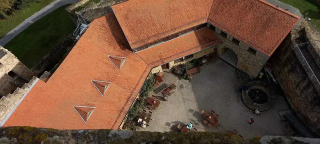 Vom Turm hat man einen wunderbaren Blick in den Schloßhof mit Zisternebrunnen und Schenke. | Foto: Foto privat