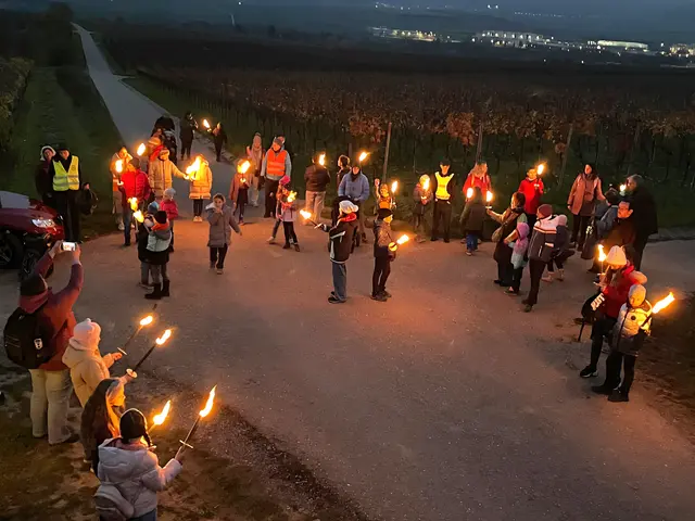 Viele Kinder und Familien freuten sich, beim Fackellauf der Apis Brackenheim dabei sein zu können. Einen kurzen Stopp gab es für ein kurzes Anspiel, bevor man dann wieder zu Punsch und Kekse zum Ausgangspunkt zurück lief. | Foto: Sandra Zölch