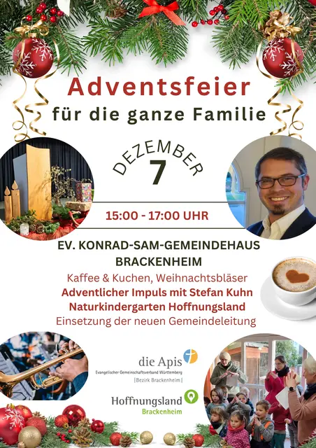 Zur Adventsfeier der Apis und von Hoffnungsland Brackenheim am 7. Dezember um 15 Uhr sind alle herzlich ins Ev. Konrad-Sam-Gemeindehaus Brackenheim eingeladen. | Foto: Apis Brackenheim, Jochen Baral