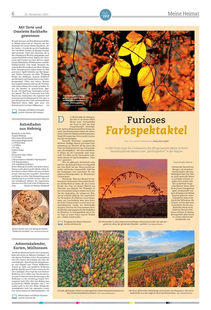 Schön farbig ist auch die Meine Heimat-Seite, die Beispiele von Bildern zum Fotogewinnspiel "Herbstglühen" zeigt.  | Foto: HSt, Konrad Schomerus, Reiner Bäuerle, Laura Hannemann, Heinrich Brehm, Susanne Reinhardt