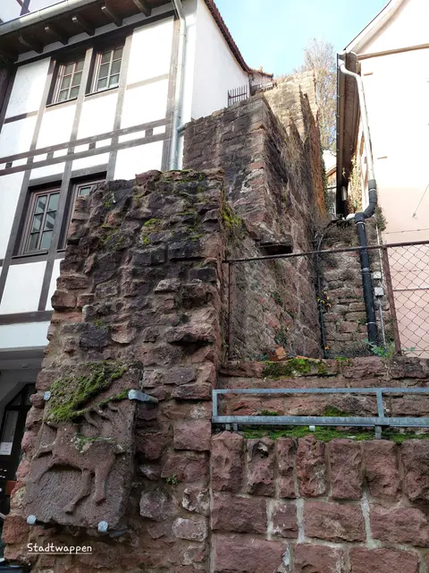Die Stadtmauer mit dem Stadtwappen von Hirschhorn und dem ehemaligen Böcklestor am Eingang der Fußgängerzone zieht sich steil am Hang entlang. | Foto: Foto privat