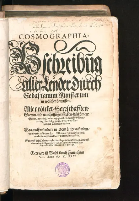 Ausgabe von M D XL V = 1545
QUELLE:
Titel	
Cosmographia : Beschreibung aller Lender
Verfasser:	Münster, Sebastian   
Erschienen:	Basel : Petri, 1545
...
Bibl. Referenz:	Burmeister 67
Online-Ausgabe:	Düsseldorf : Universitäts- und Landesbibliothek, 2009
 | Foto: Universitäts- und Landesbibliothek Düsseldorf