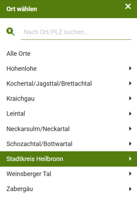 Unter der Standortnadel befindet sich ein Menü mit allen Bezirken und Orten des meine.stimme-Gebiets.  | Foto: meine.stimme; PEIQ