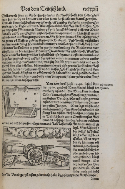 ... ward zu (Mainz) die edel kunst der truckerey erfunde(n)  (Ausgabe 1544)

UB Basel, EU I 55 | Foto: Universitätsbibliothek Basel
