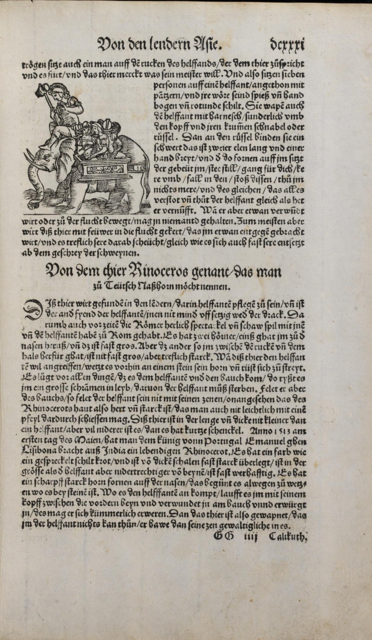 Text zum Nashorn  (Ausgabe 1544)

UB Basel, EU I 55 | Foto: Universitätsbibliothek Basel