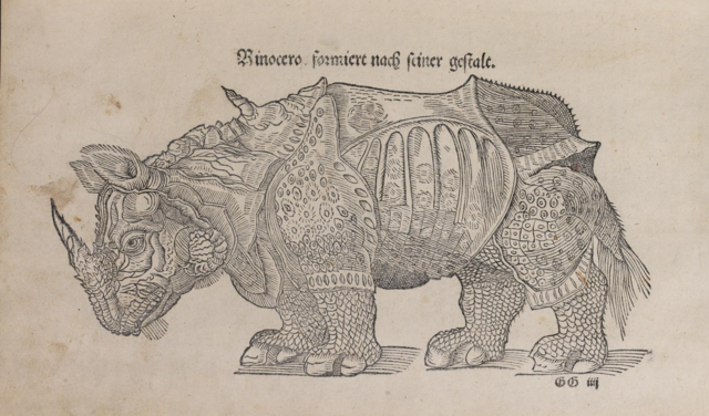 Bei diesem 'Rinocero' handelt es sich vermutlich um eine Arbeit von Conrad Gesner, die Vorlage dazu lieferte Albrecht Dürer (1515) _  (Ausgabe 1544)

UB Basel, EU I 55 | Foto: Universitätsbibliothek Basel