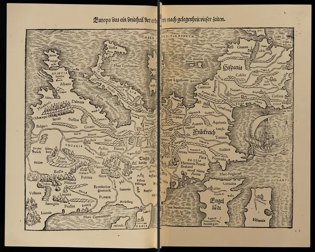 Europakarte in ungewohnter Ansicht - die Ausrichtung nach Norden war damals noch nicht 'festgelegt' (Ausgabe 1544)

UB Basel, EU I 55 | Foto: Universitätsbibliothek Basel