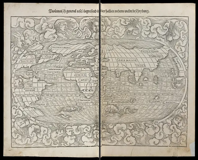 Weltkarte in der Erstausgabe der Cosmographia (1544)

UB Basel, EU I 55

 | Foto: Universitätsbibliothek Basel