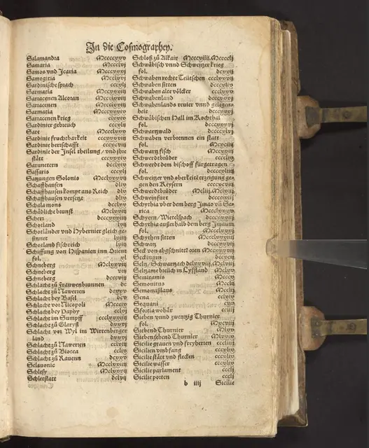 Ein ausführliches Inhaltsverzeichnis (mit Angabe der Seitenzahlen!) kann bei der Suche helfen. Allerdings ist es unter Umständen nicht leicht, die römischen Zahlen richtig zu erfassen  (Ausgabe 1564)

Badische Landesbibliothek Karlsruhe, 98 B 76217 RH  | Foto: Badische Landesbibliothek Karlsruhe