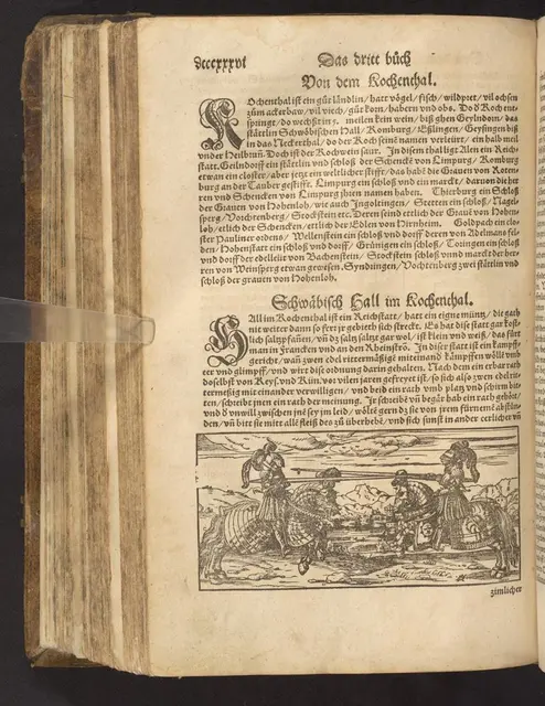  "Von dem Kochenthal" und "Schwäbisch Hall im Kochenthal" (Ausgabe 1564)

Badische Landesbibliothek Karlsruhe, 98 B 76217 RH  | Foto: Badische Landesbibliothek Karlsruhe