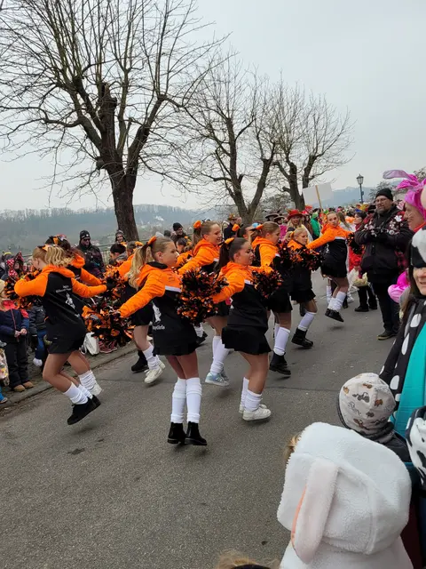 Haben Sie es gesehen? Die Crazy Girls der Jagstfelder Hühnerlaus-Narren schweben über der Deutschordenstraße. Ja, die können das ! ! ! | Foto: Hans Peter Schmitt