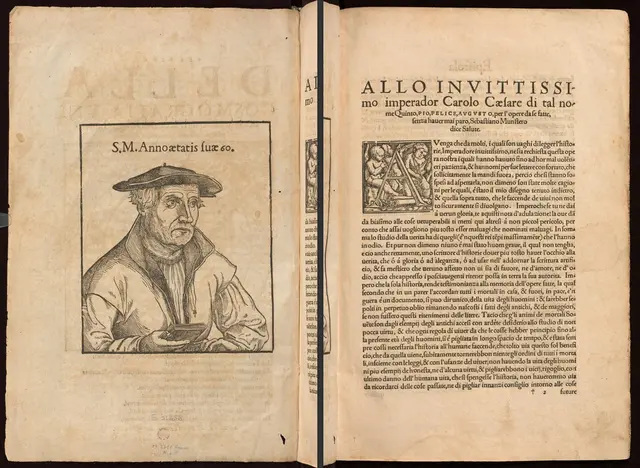 Das Porträt von Sebastian Münster auf Seite 2 der italienischen Ausgabe von 1558

UB Basel, Es 258 | Foto: Universitätsbibliothek Basel