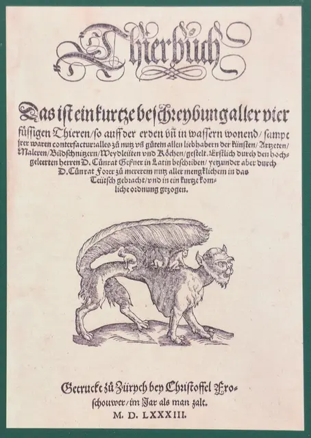 2024 _ Ein Buch aus dem Bücherregal der Sonderausstellung, Rückseite mit QR-Code zum Download des kompletten digitalisierten Buches siehe nächste Abbildung _ Das Thierbuch von Conrad Gessner, 1583  "getruckt zu Zürych bey Christoffel Froschouwer, im Jar als man zalt M.D.LXXXIII."

Bayrische Staatsbibliothek München, Signatur: Res/2 Zool.200v

https://www.digitale-sammlungen.de/view/bsb00086947?page=%2C1 | Foto: Sonderausstellung im HFM / Bayrische Staatsbibliothek München