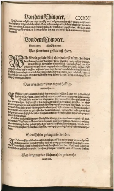 1583 _ Die Nashornbeschreibung im "Thierbuch" von Conrad Gessner

Bayrische Staatsbibliothek München, Signatur: Res/2 Zool.200v | Foto: Bayrische Staatsbibliothek München