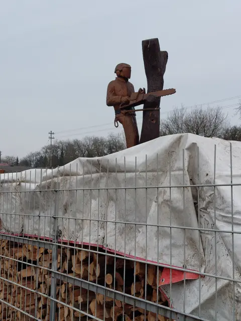 Hier wird fleißig gesägt. Das Holz des Baumes ist bereits hoch aufgestapelt. | Foto: Foto privat