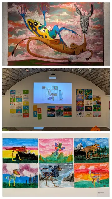 Oben: 
Ray Smith, Untitled, 1989, Öl auf Hartfaserplatte, Sammlung Würth, Inv. 1917 © Ray Smith Studio; Foto: Philipp Schönborn, München
Mitte:
Dia-Show, hier zu sehen: "Giraffen im Dampfbad" (Titel Di Girolamo)
Unten: 
Hermann-Merz-Schule Ilshofen, Klasse  9
 | Foto: Eigene Collage 