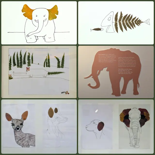 Oben links: 
Tomi Ungerer, Ohne Titel (Elefant), 2005, Tusche auf Papier und Collage, Sammlung Würth, Inv. 14280 © The Tomi Ungerer Estate
Foto: Philipp Schönborn, München 
Oben rechts: 
Tomi Ungerer, Ohne Titel (Zwei Fische), 2005, Tusche auf Papier und Collage, Sammlung Würth, Inv. 14277 © The Tomi Ungerer Estate
Foto: Philipp Schönborn, München 
Mitte links: Junge, 10 Jahre
Mitte rechts: Elefant mit Infotext, Würth
Unten: Realschule Obersulm, Klasse 10, 1. Platz Sekundarstufe II/Oberstufe | Foto: Eigene Collage