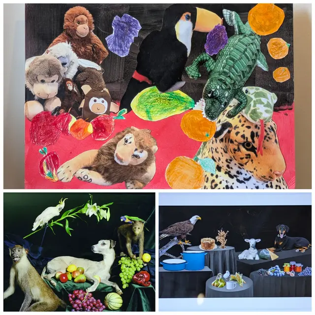 Oben: Freie Schule Anne-Sophie, Lernstufe 2
Unten links: Nadin Maria Rüfenacht, Helden 4, aus der Serie: Nature Morte I, 2005
Lambda Druck , Sammlung Würth Inv. 10860 ©Nadin Maria Rüfenacht, Courtesy Künstlerin und Galerie KLEINDIENST, Leipzig
Foto: Philipp Schönborn, München 
Unten rechts: digital gezeigter Beitrag | Foto: Eigene Collage