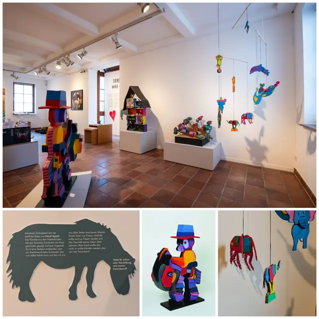 Oben:
Ausstellungsansicht „Tierisch was los!" _ Hirschwirtscheuer, Künzelsau, Foto: Hans Neukircher
Unten Mitte: 
Karel Appel, Horseman from the 'Circus Series', o.J., Acryl auf Holz, Sammlung Würth, Inv. 3208. © VG Bild-Kunst, Bonn 2025, Foto: Philipp Schönborn, München 
Unten links: 
Pferd mit Text zu Karel Appels "Horseman", 
Unten rechts: 
Mobile des Kepler-Gymnasium Freiburg, Ausschnitt

 | Foto: Eigene Collage 