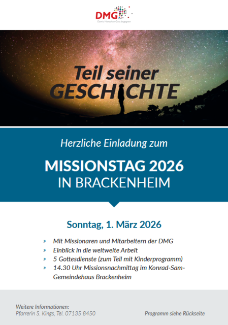 Herzliche Einladung zum DMG-Missionstag in Brackenheim am Sonntag, 1. März 2026, unter dem Thema „Teil seiner Geschichte!“.  | Foto: DMG international e.V.