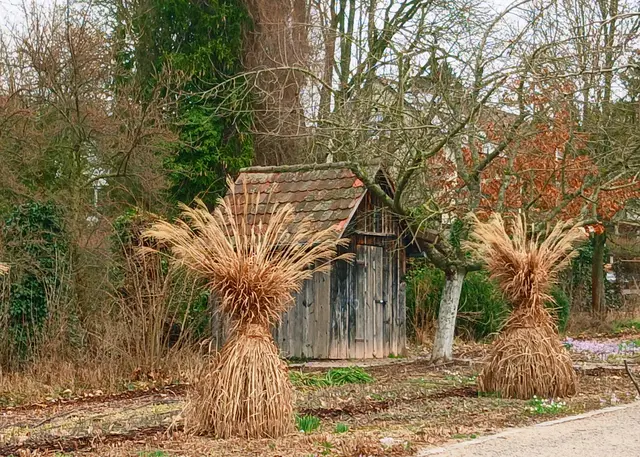 Die kleine Hütte wird von den zusammengebundenen Gräsern flankiert. Alles wirkt noch ein bisschen verschlafen.  | Foto: sigischlottke