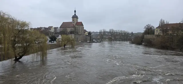Blick von der Alten Neckarbrücke auf den angestiegenen Fluss und die Regiswindiskirche. | Foto: privat Sibylle Tröber