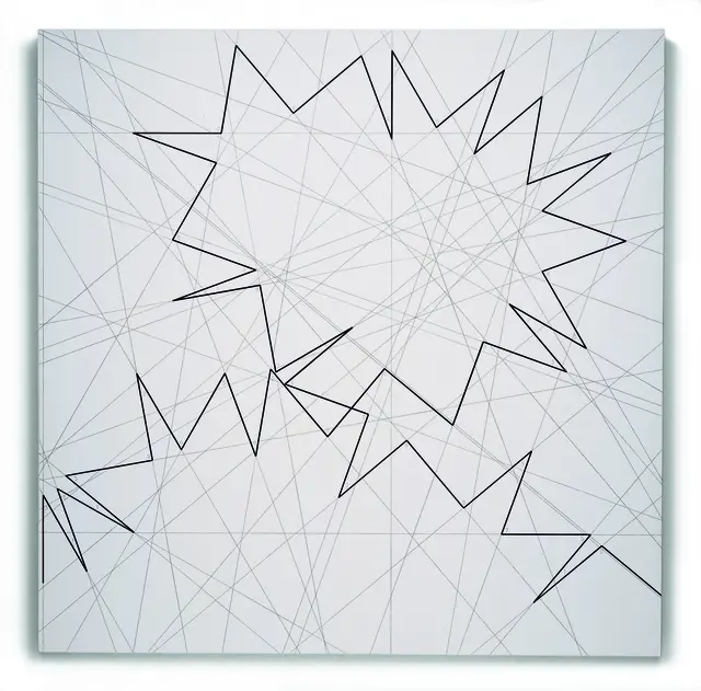 François Morellet,π piquant n° 1, 1 = 10°, 51 décimales / Prickelndes π Nr. 1, 1 = 10°, 51 Dezimalen, 1998
Acryl und Bleistift auf Leinwand auf Holz, 240 x 240 cm, Sammlung Würth, Inv. 4670, © VG Bild-Kunst, Bonn 2026 | Foto: Ivan Baschang / Sammlung Würth