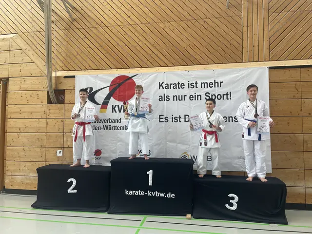 Luka Colakovic (ganz links) holt die Silbermedaille in der Disziplin Kata beim ersten Regio-Cup im Jahr 2026 | Foto: Karateverein Eppingen