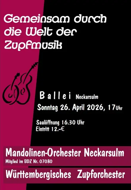 Herzlich Willkommen zu dem
gemeinsamen Konzert, u. a. mit dem Quartett des Mandolinen-Orchester Neckarsulm und dem Württembergischen Zupforchester (WZO) unter
Leitung von Mandy Bahle. | Foto: Mandolinen-Orchester Neckarsulm