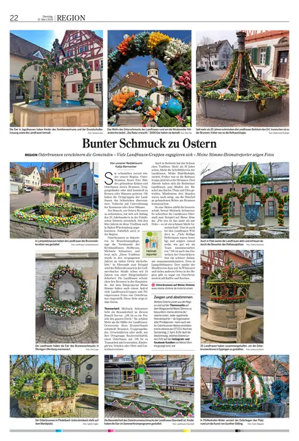 Schmuck oder? Zehn Fotos von Heimatreporter, Organisationen und Privatpersonen, haben diese tollen Fotos von Osterbrunnen in der Region eingestellt. Daraus ist eine tolle Seite für die Zeitung entstanden. | Foto: HSt, Vanessa Lenz, Andrea Schlimm, Elke Föll, Meike Haid-Rudolph, Elektra Domesle, Ute Csapo, Erwin Weigend, Landfrauen Lampoldshausen, Landfrauen Eberstadt, Sybille Ziegler