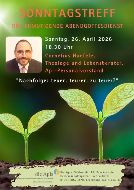 Zum „Sonntagstreff“, dem besonderen Abendgottesdienst der Apis Brackenheim, wird am Sonntag, 26. April, um 18.30 Uhr ins Gemeinschaftszentrum Brackenheim (Schlossstraße 13) eingeladen. Der Theologe Cornelius Haefele ist zu Gast! | Foto: Dia Apis, Jochen Baral