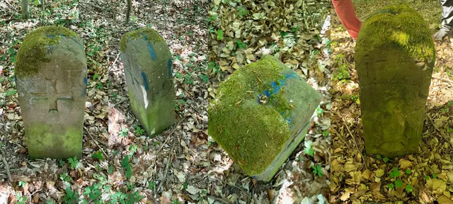Besonderer Grenzstein, erkennbar die Grenze über Eck. Kreuz steht für Deutschorden in Sontheim und der Heilbronner Adler hat schon sehr gelitten | Foto: WandernGabyErich