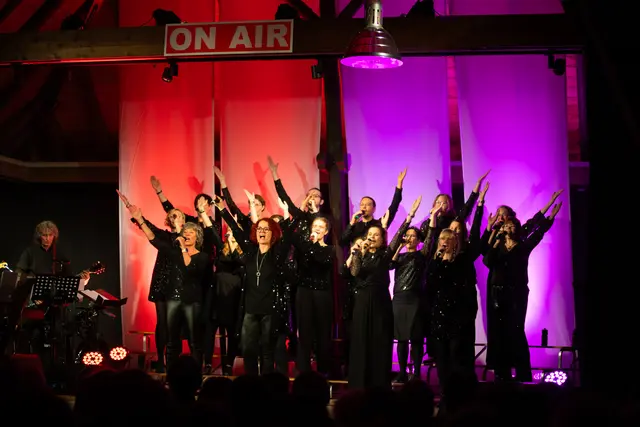 Chor auf der Bühne singt mit Choreografie