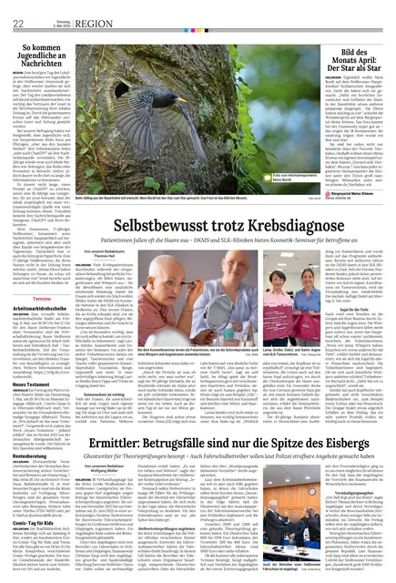 Zeitungsseite zeigt das Bild des Monats mit einem Vogel, der aus seiner Bruthöhle fliegt