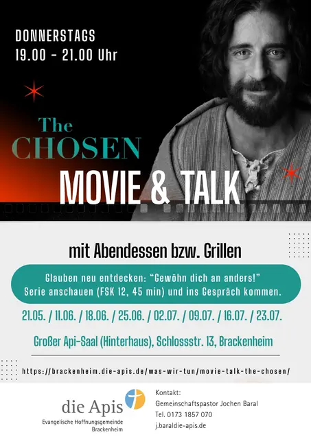 Herzliche Einladung an alle Interessierte zu Movie &amp; Talk – „The CHOSEN: Gewöhn dich an anders“ (FSK12) - jeweils donnerstags von 19 Uhr bis 21 Uhr in Brackenheim. Start mit gemeinsamen Essen.  | Foto: The Chosen (Foto: The Chosen, Angel Studios) &amp; Die Apis Brackenheim