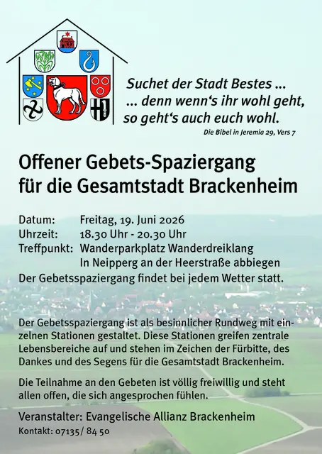 Zu einem besinnlichen Gebetsspaziergang am Freitag, 19. Juni lädt die Ev. Allianz der Gesamtstadt Brackenheim herzlich ein. Der Rundweg startet am Wanderparkplatz Wanderdreiklang Neipperg. | Foto: Ev. Allianz der Gesamtstadt Brackenheim, Bernd Hennige